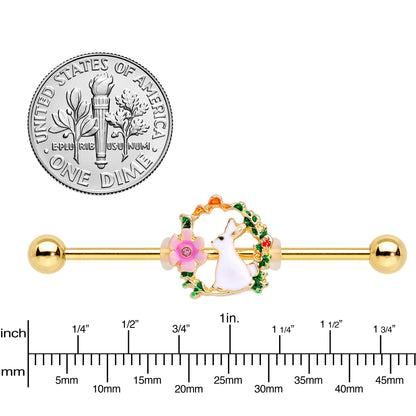 14G Clear Gem Gold Tone Bunny Flower Industrial Barbell 38mm