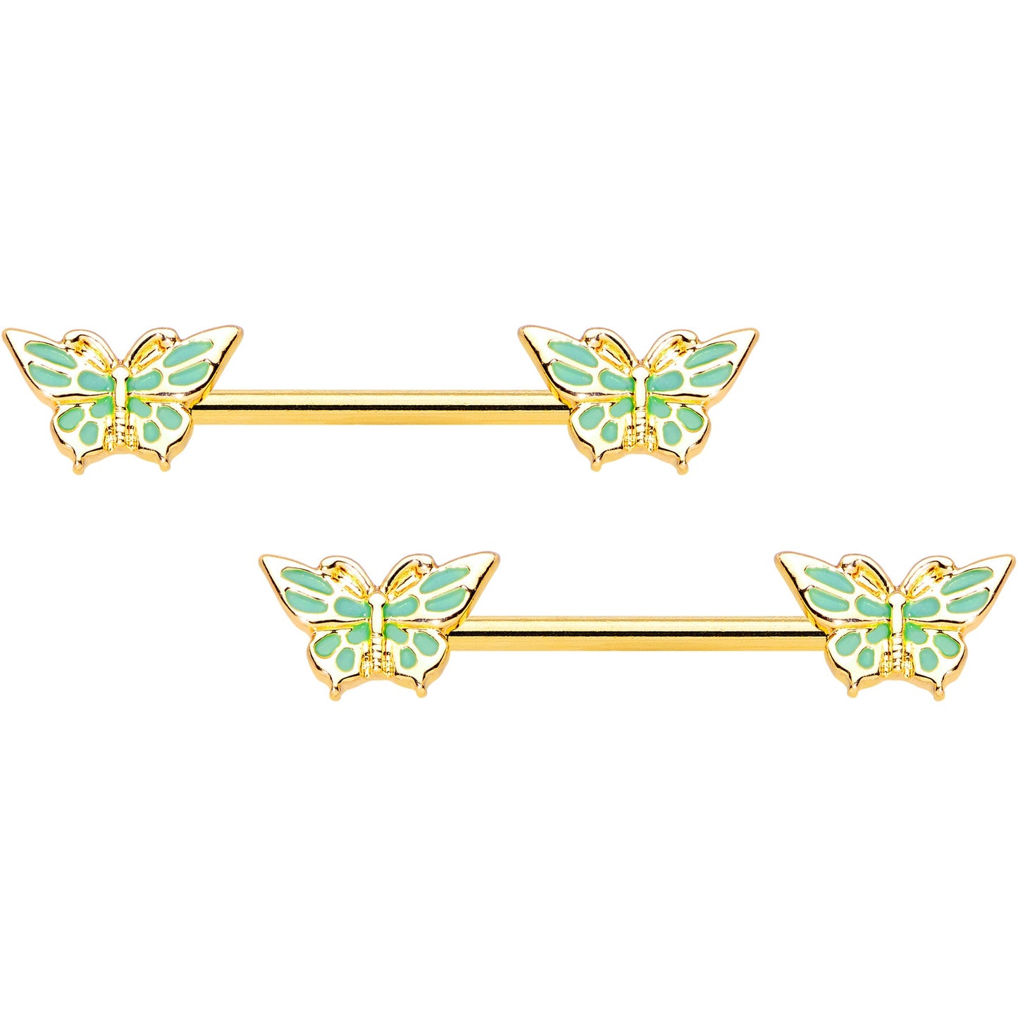 14G 9/16 Gold Tone Green Inlay Butterfly Barbell Nipple Ring Set