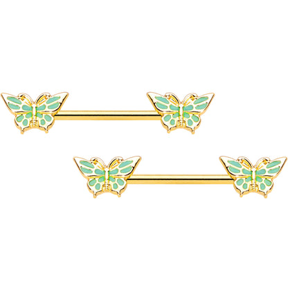 14G 9/16 Gold Tone Green Inlay Butterfly Barbell Nipple Ring Set