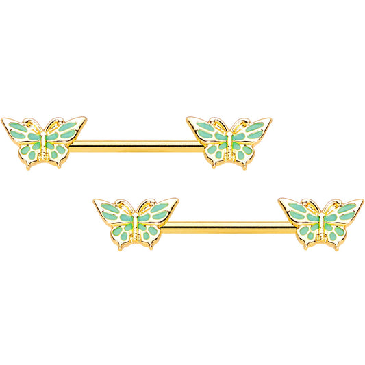 14G 9/16 Gold Tone Green Inlay Butterfly Barbell Nipple Ring Set