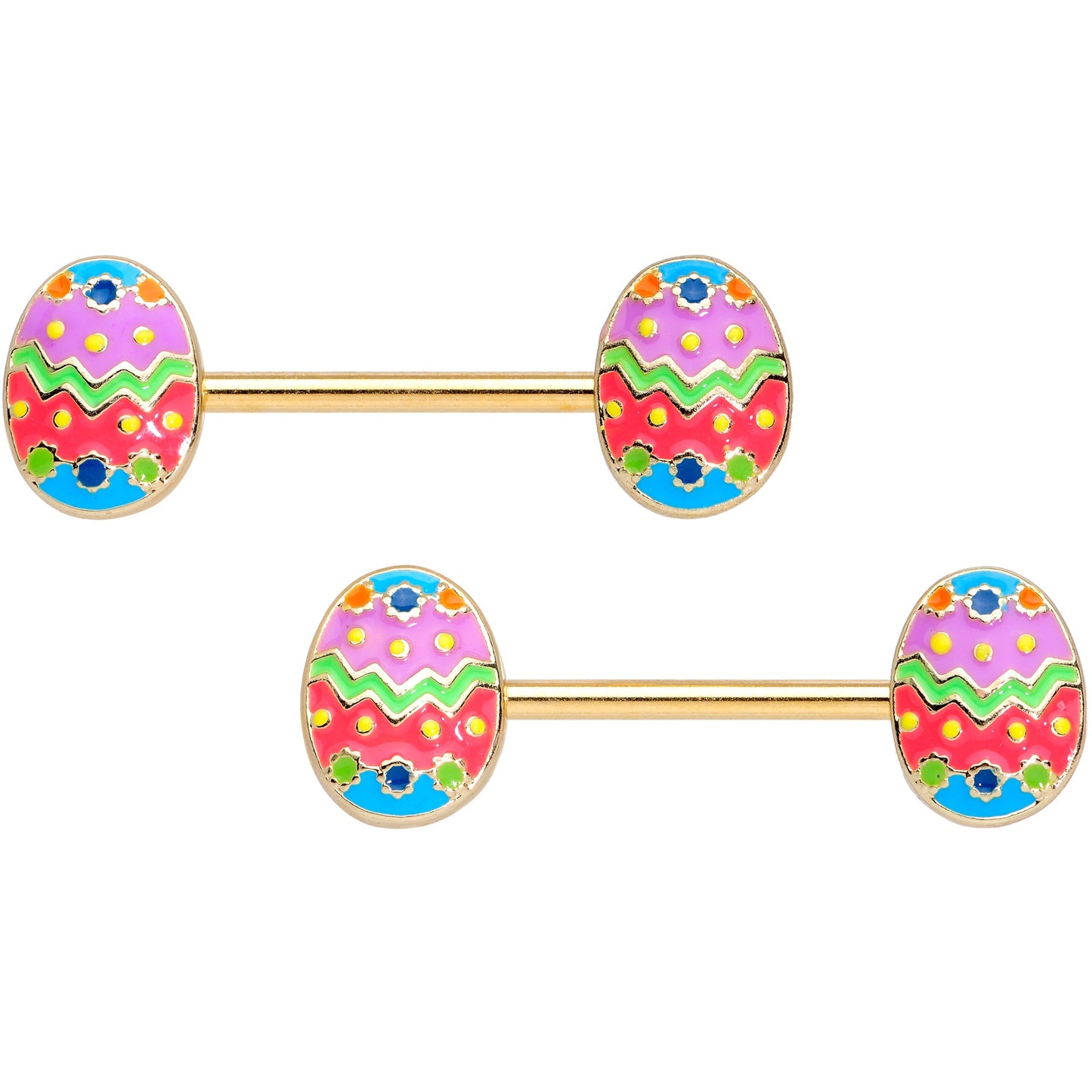 14G 9/16 Gold Tone Painted Easter Egg Barbell Nipple Ring Set