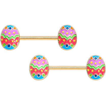 14G 9/16 Gold Tone Painted Easter Egg Barbell Nipple Ring Set