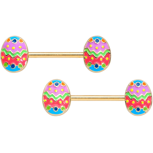 14G 9/16 Gold Tone Painted Easter Egg Barbell Nipple Ring Set