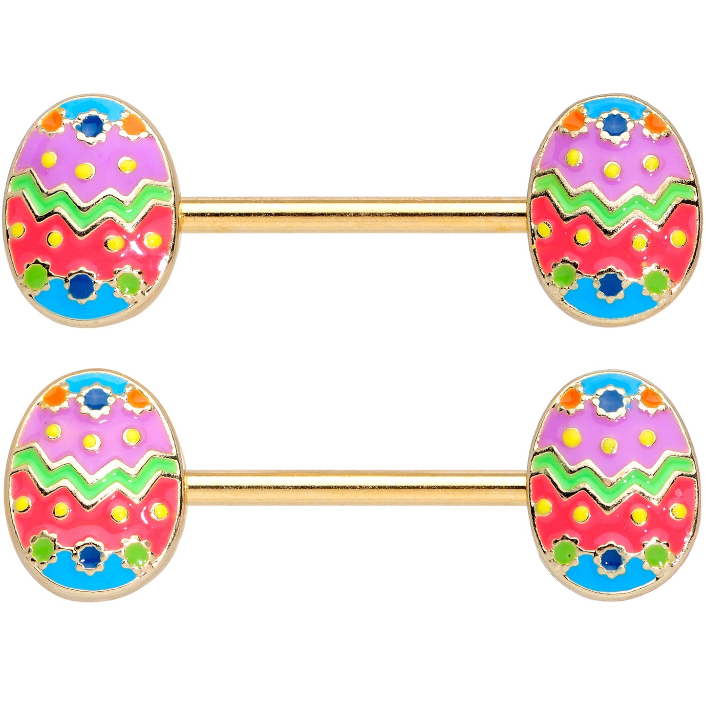 14G 9/16 Gold Tone Painted Easter Egg Barbell Nipple Ring Set