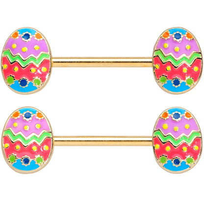 14G 9/16 Gold Tone Painted Easter Egg Barbell Nipple Ring Set