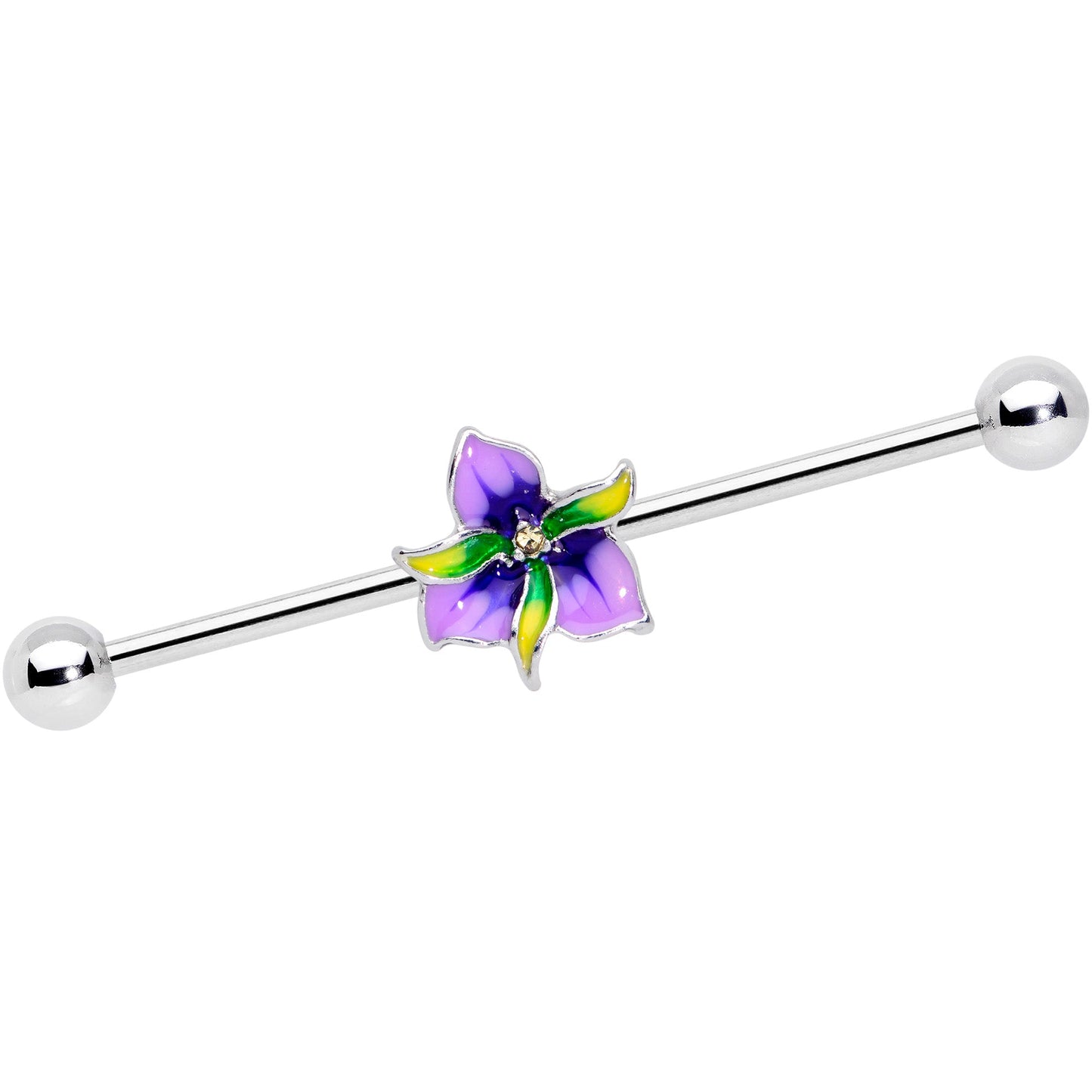 14G Clear Gem Exotic Purple Flower Industrial Barbell 38mm
