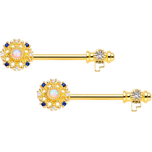 14G 9/16 White Synthetic Opal Gold Tone Key Nipple Ring Set