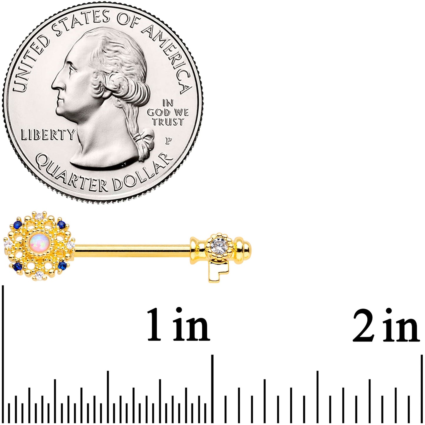 14G 9/16 White Synthetic Opal Gold Tone Key Nipple Ring Set