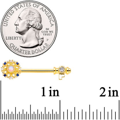 14G 9/16 White Synthetic Opal Gold Tone Key Nipple Ring Set