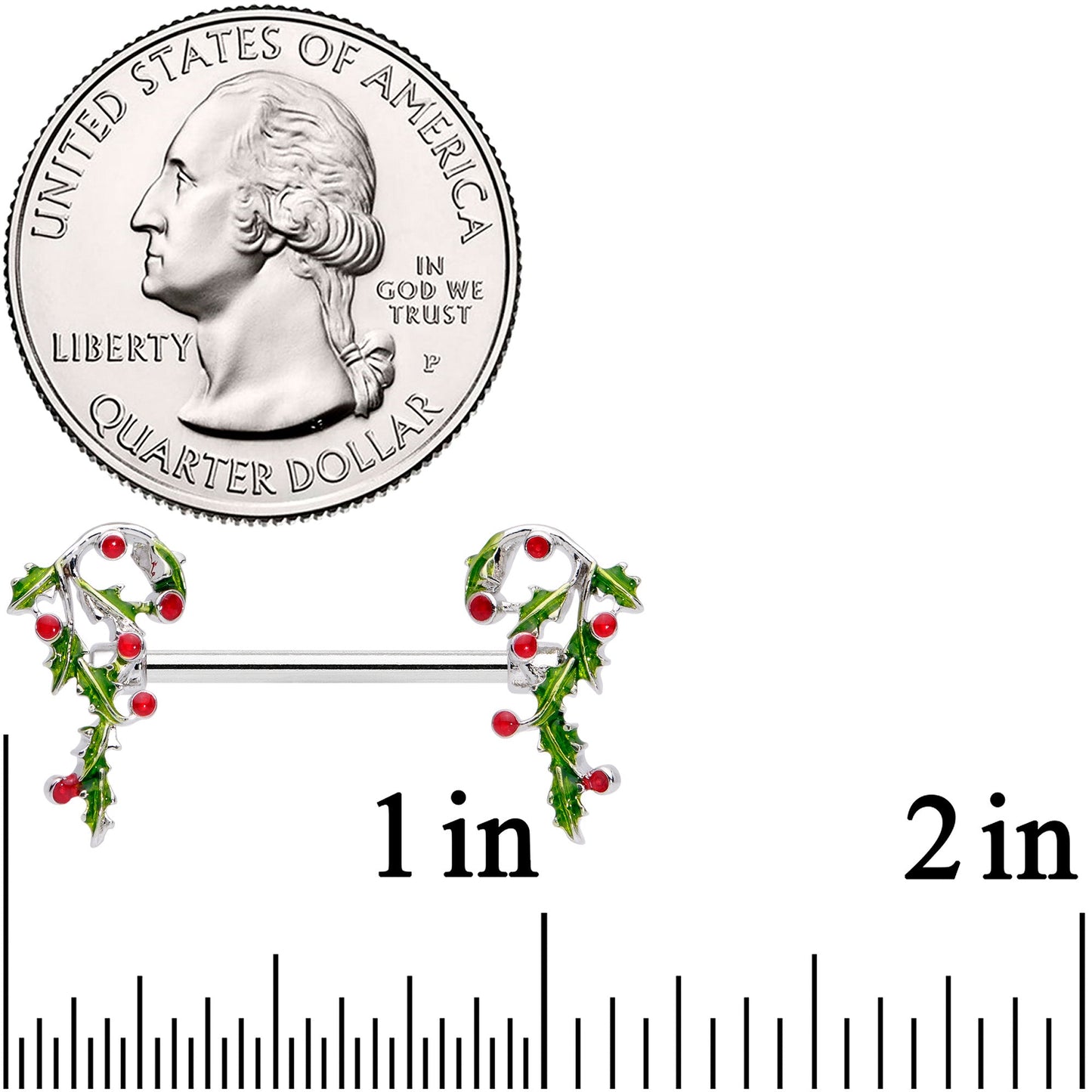 14G 5/8 Pink CZ Gem Candy Cane Holly Christmas Nipple Ring Set