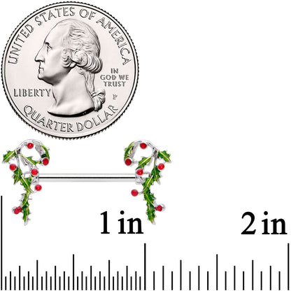 14G 5/8 Pink CZ Gem Candy Cane Holly Christmas Nipple Ring Set