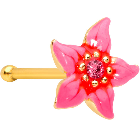 20G 1/4 Pink Gem Gold Tone Exotic Flower Nose Bone