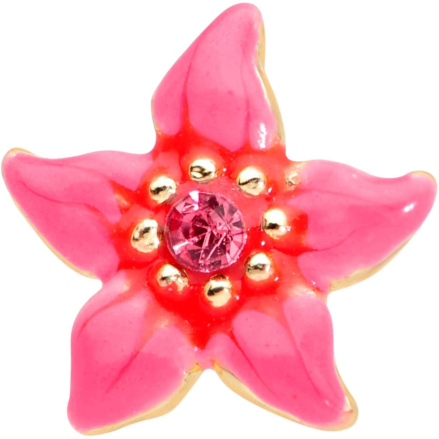 20G 1/4 Pink Gem Gold Tone Exotic Flower Nose Bone