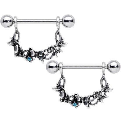 14G 9/16 Aqua Gem Abstract Bow Butterfly Dangle Nipple Ring Set