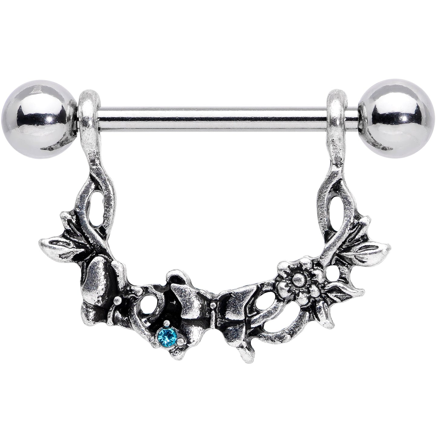 14G 9/16 Aqua Gem Abstract Bow Butterfly Dangle Nipple Ring Set