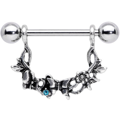 14G 9/16 Aqua Gem Abstract Bow Butterfly Dangle Nipple Ring Set