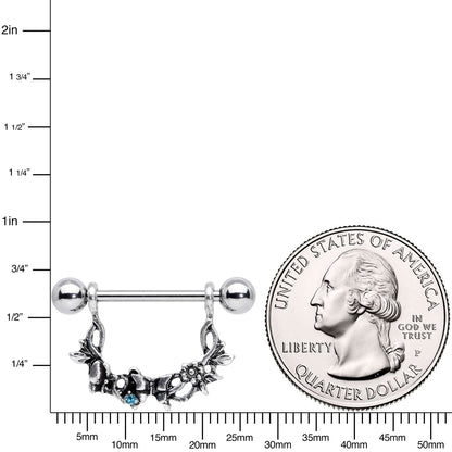 14G 9/16 Aqua Gem Abstract Bow Butterfly Dangle Nipple Ring Set