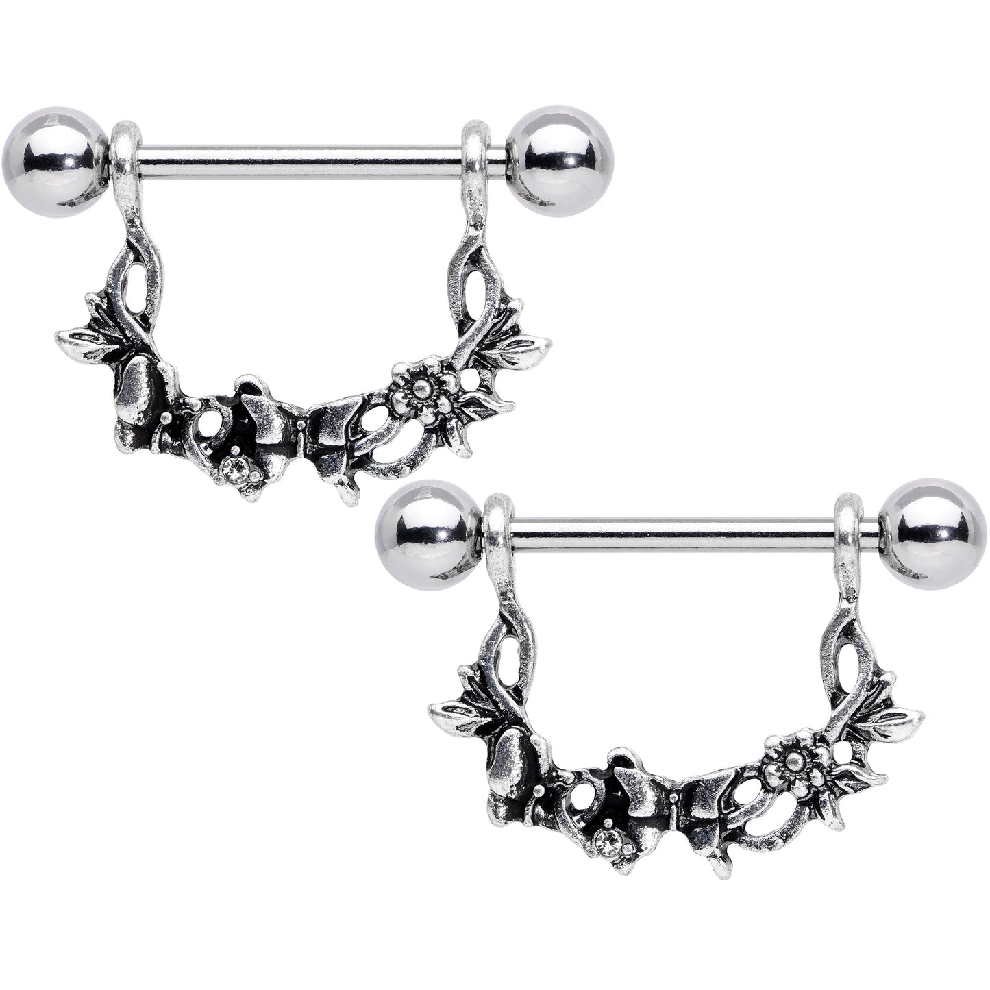 14G 9/16 Clear Gem Abstract Bow Butterfly Dangle Nipple Ring Set