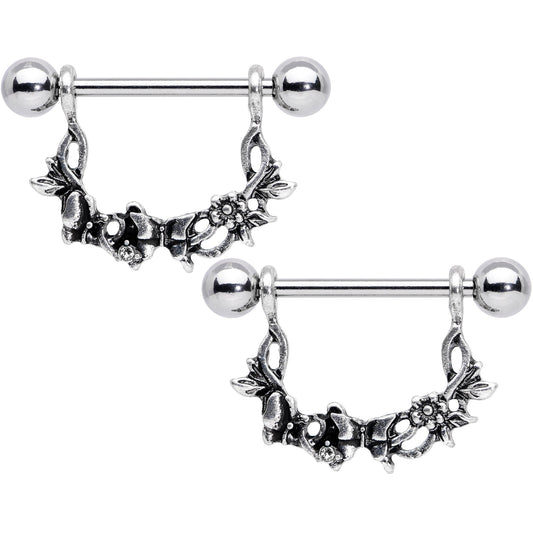 14G 9/16 Clear Gem Abstract Bow Butterfly Dangle Nipple Ring Set