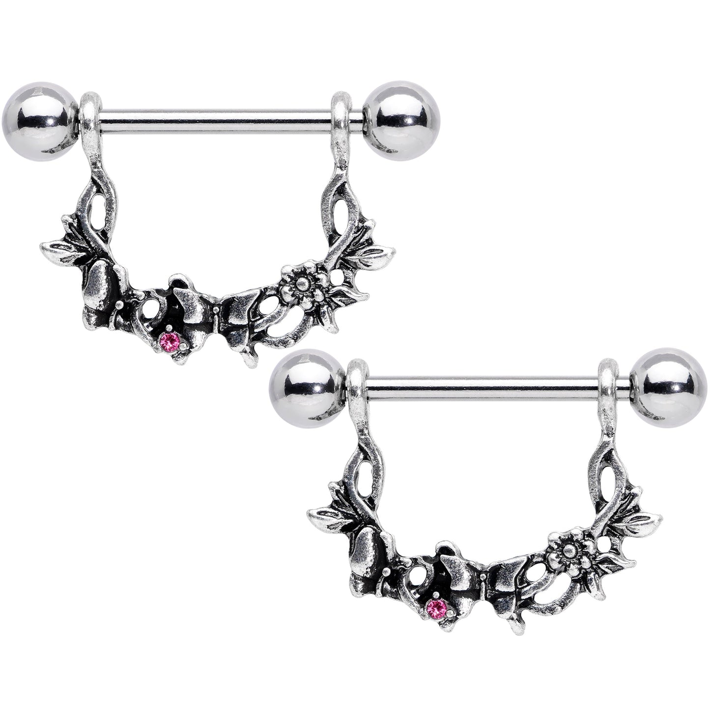14G 9/16 Pink Gem Abstract Bow Butterfly Dangle Nipple Ring Set