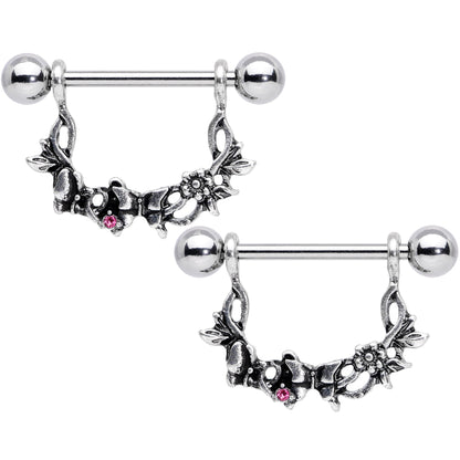 14G 9/16 Pink Gem Abstract Bow Butterfly Dangle Nipple Ring Set