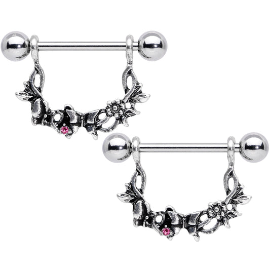 14G 9/16 Pink Gem Abstract Bow Butterfly Dangle Nipple Ring Set