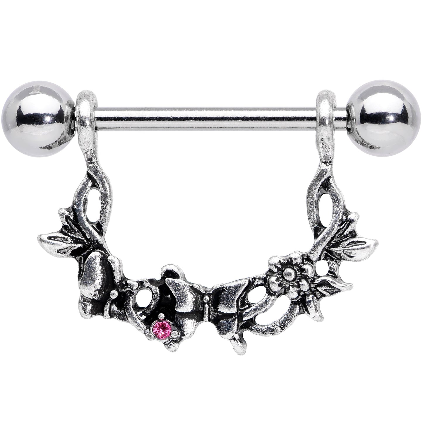 14G 9/16 Pink Gem Abstract Bow Butterfly Dangle Nipple Ring Set