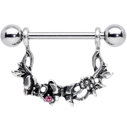 14G 9/16 Pink Gem Abstract Bow Butterfly Dangle Nipple Ring Set