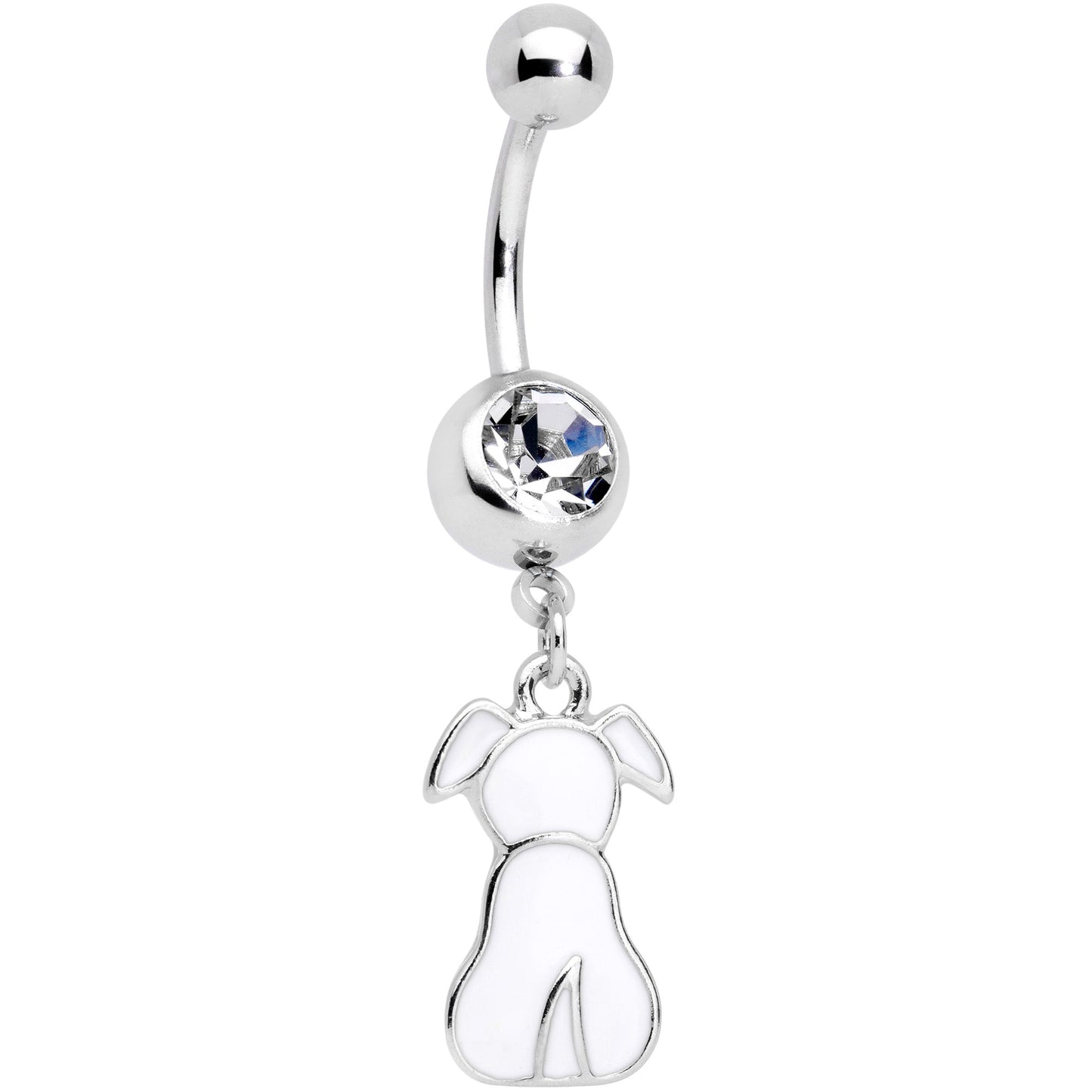 Clear Gem White Sitting Dog Dangle Belly Ring