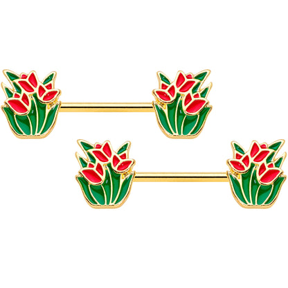 14G 9/16 Gold Tone Red Tulip Flowers Barbell Nipple Ring Set