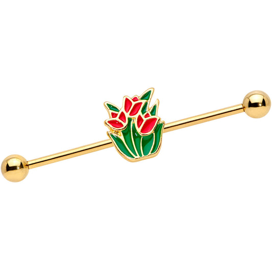 14G Gold Tone Red Tulip Flowers Industrial Barbell 38mm