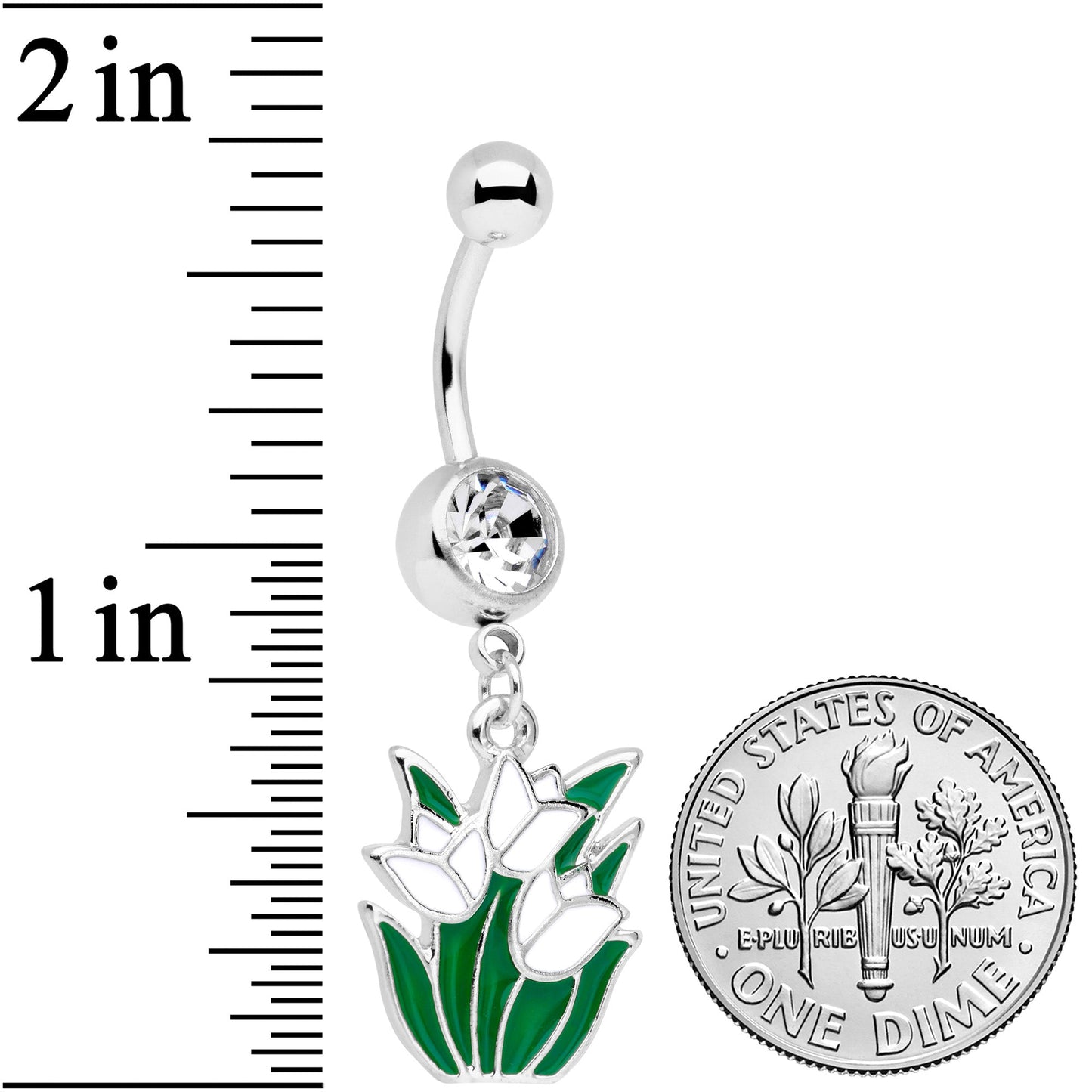 Clear Gem White Spring Tulip Flowers Dangle Belly Ring