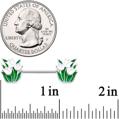 14G 9/16 White Spring Tulip Flowers Barbell Nipple Ring Set
