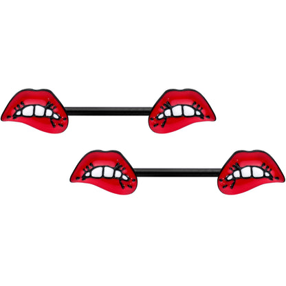 14G 9/16 Black Red Sneering Bite Lips Barbell Nipple Ring Set