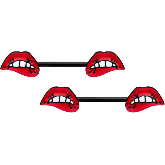 14G 9/16 Black Red Sneering Bite Lips Barbell Nipple Ring Set