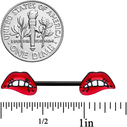 14G 9/16 Black Red Sneering Bite Lips Barbell Nipple Ring Set