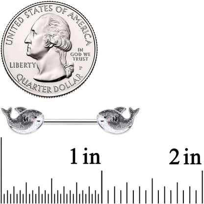 14G 9/16 Sweet Smiling Whale Barbell Nipple Ring Set