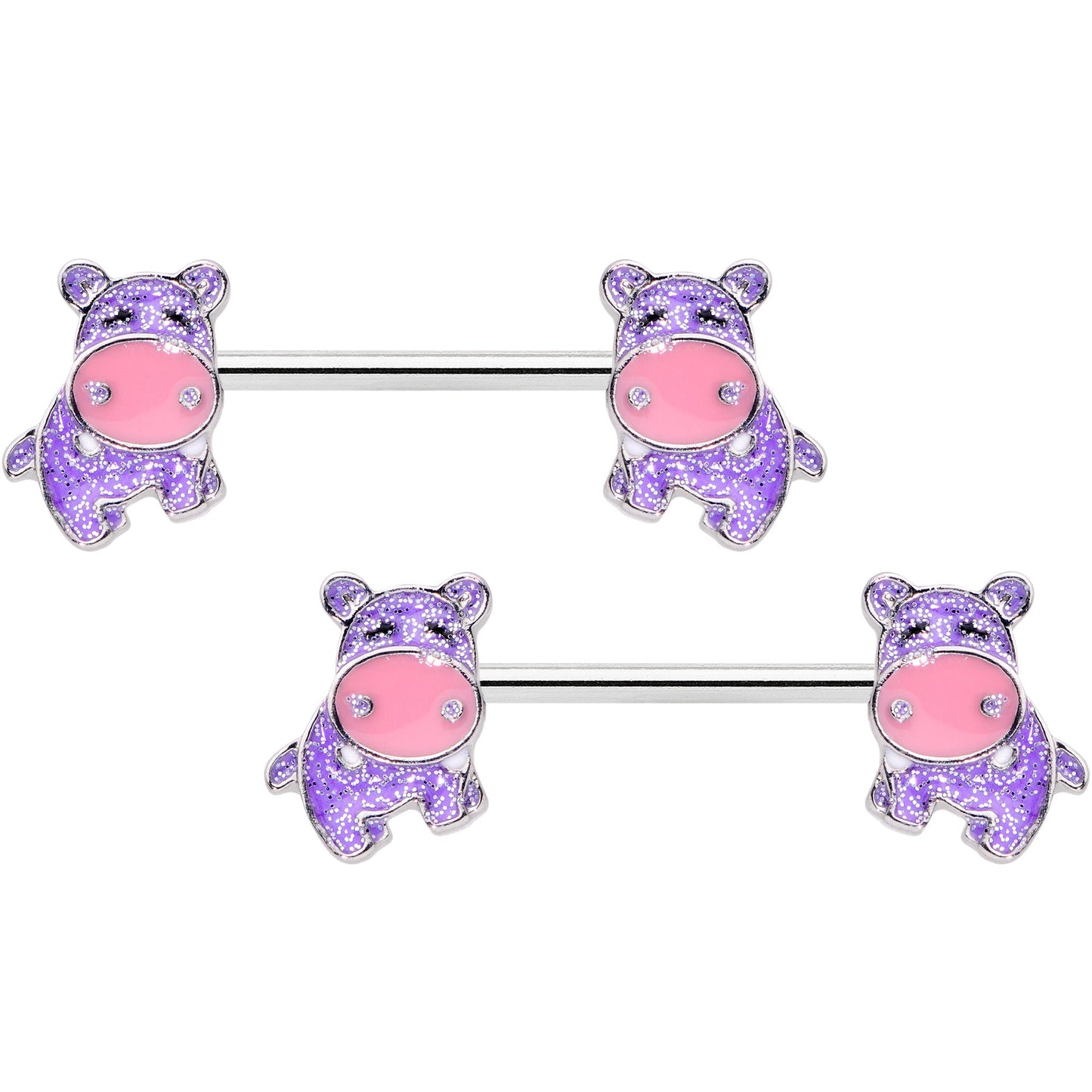 14G 9/16 Happy Purple Hippo Barbell Nipple Ring Set