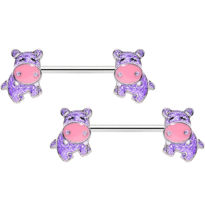 14G 9/16 Happy Purple Hippo Barbell Nipple Ring Set