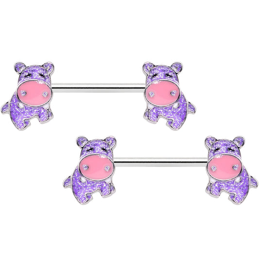 14G 9/16 Happy Purple Hippo Barbell Nipple Ring Set