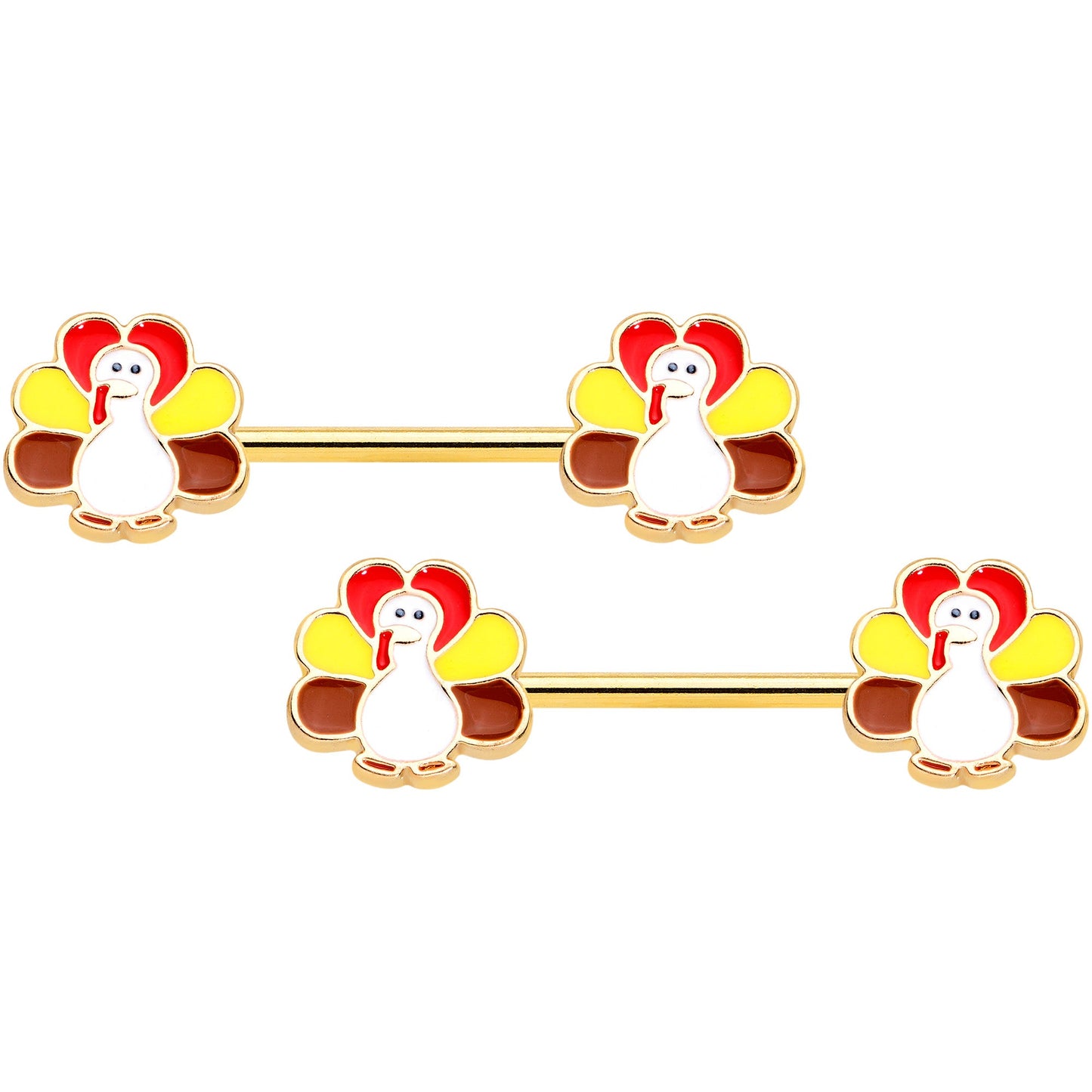 14G 9/16 Gold Tone Turkey Thanksgiving Barbell Nipple Ring Set