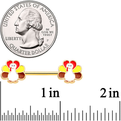 14G 9/16 Gold Tone Turkey Thanksgiving Barbell Nipple Ring Set