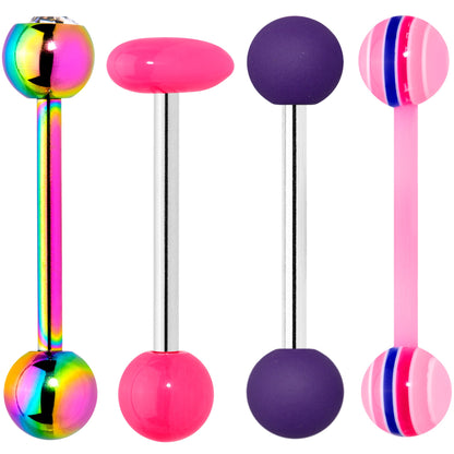 Clear Gem Rainbow Pink Heart Purple Barbell Tongue Ring Set of 4