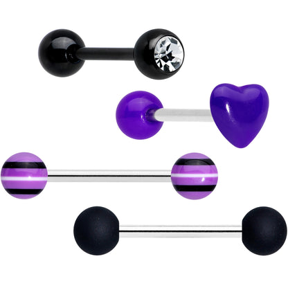 Clear Gem Black Purple Heart Matte Stripe Barbell Tongue Ring Set of 4