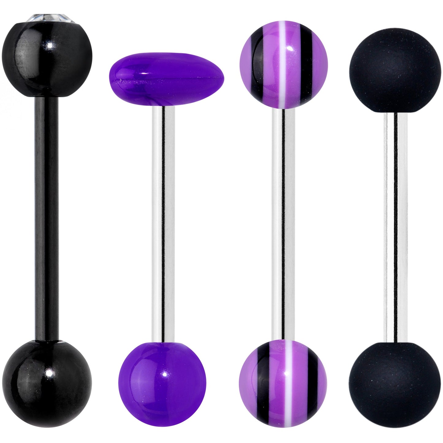Clear Gem Black Purple Heart Matte Stripe Barbell Tongue Ring Set of 4