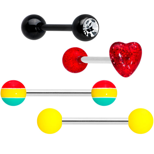 Clear Gem Black Red Glitter Heart Stripes Barbell Tongue Ring Set of 4