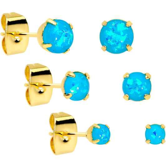 20G Blue Faux Opal Gold Tone 3mm to 5mm Stud Earrings Set of 3