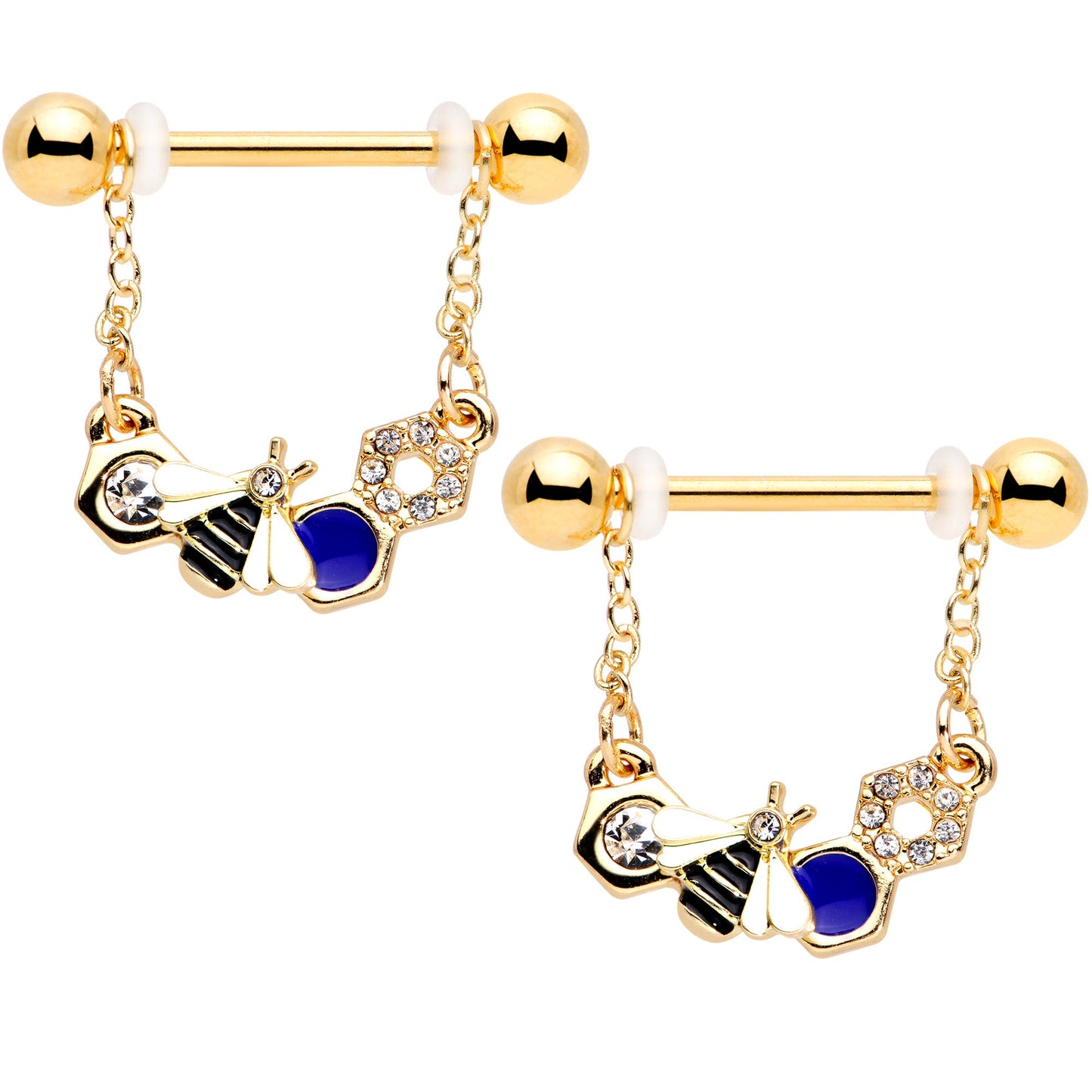 14G 9/16 Clear CZ Gem Gold Tone Lovely Bee Dangle Nipple Ring Set