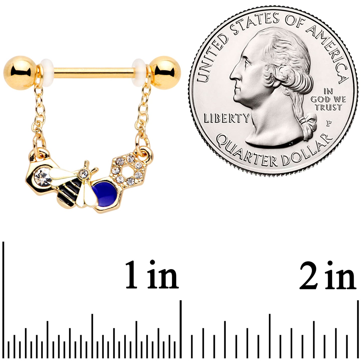 14G 9/16 Clear CZ Gem Gold Tone Lovely Bee Dangle Nipple Ring Set