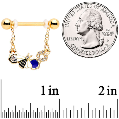 14G 9/16 Clear CZ Gem Gold Tone Lovely Bee Dangle Nipple Ring Set